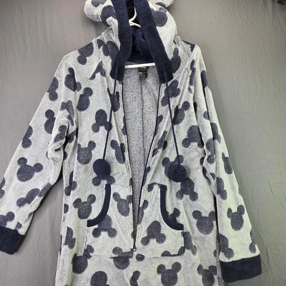 Disney Mickey Mouse Fleece Onesie Union Suit Womens L Grey Navy Excellent Hood - Picture 5 of 15